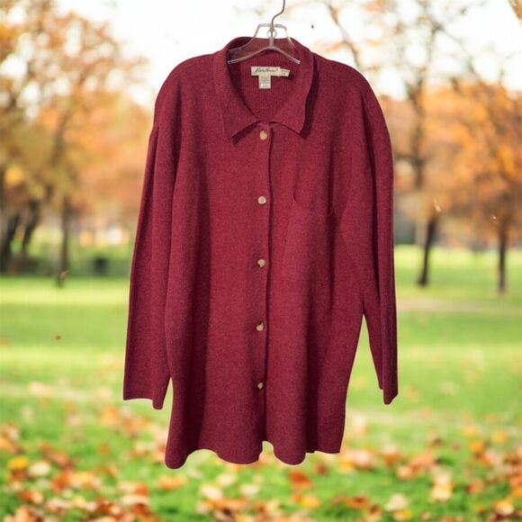 Vintage Eddie Bauer Sweater Lambswool Cardigan Ribbed Burgundy Red Womens Large - Picture 1 of 4